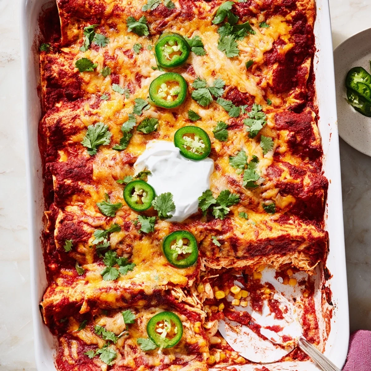 A hearty slice of Chicken Enchilada Casserole with Cheese features vibrant red enchilada sauce and fresh cilantro garnish for a family-style dinner.