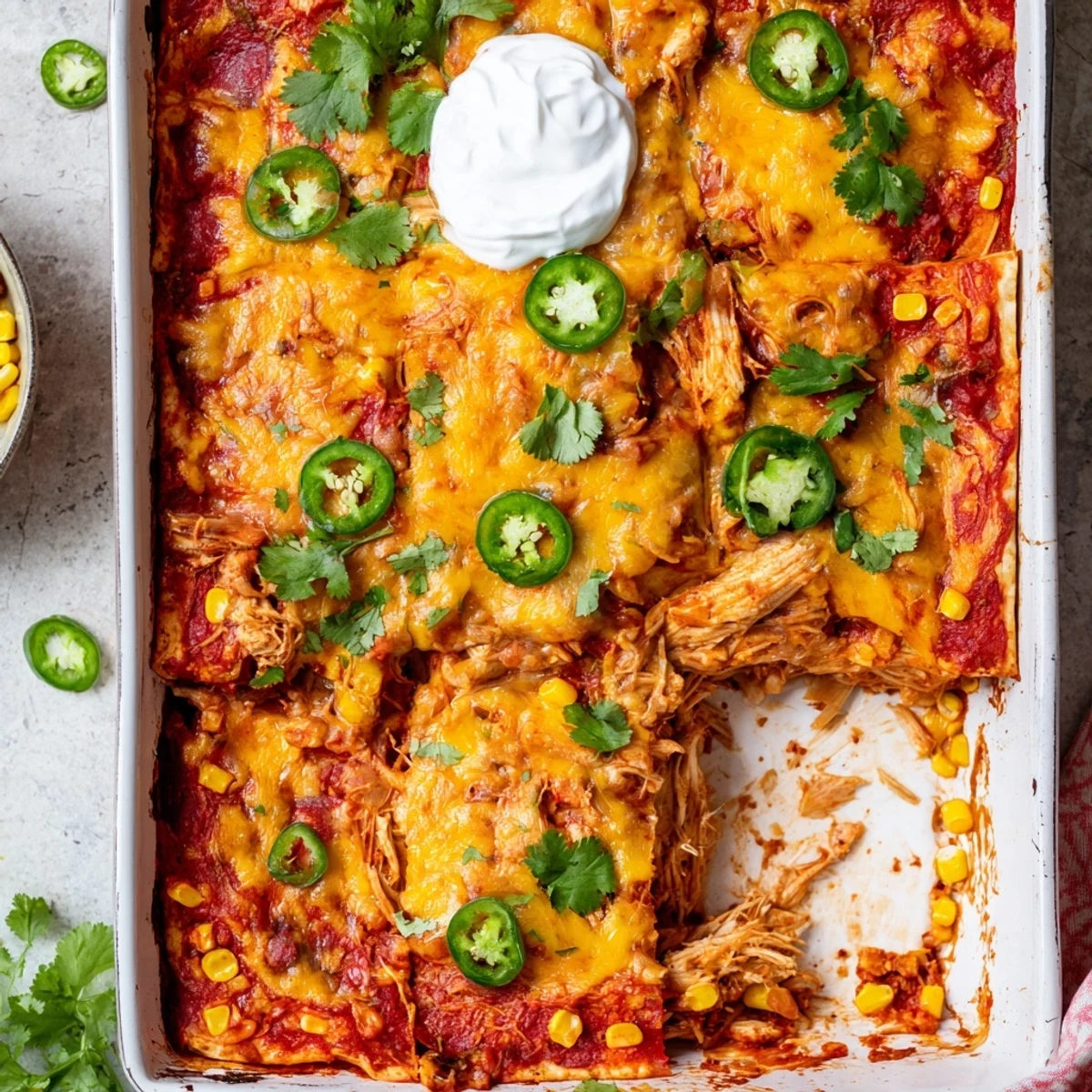 Hearty layers of tender chicken, zesty red sauce, and melty cheese make this Chicken Enchilada Casserole with Cheese a perfect weeknight meal.