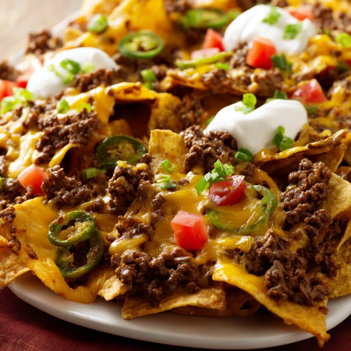 Golden, bubbly cheddar and Monterey Jack melt over a loaded tray of crispy tortilla chips, seasoned ground beef, and spicy jalapeno slices, ready to serve hot from the oven.