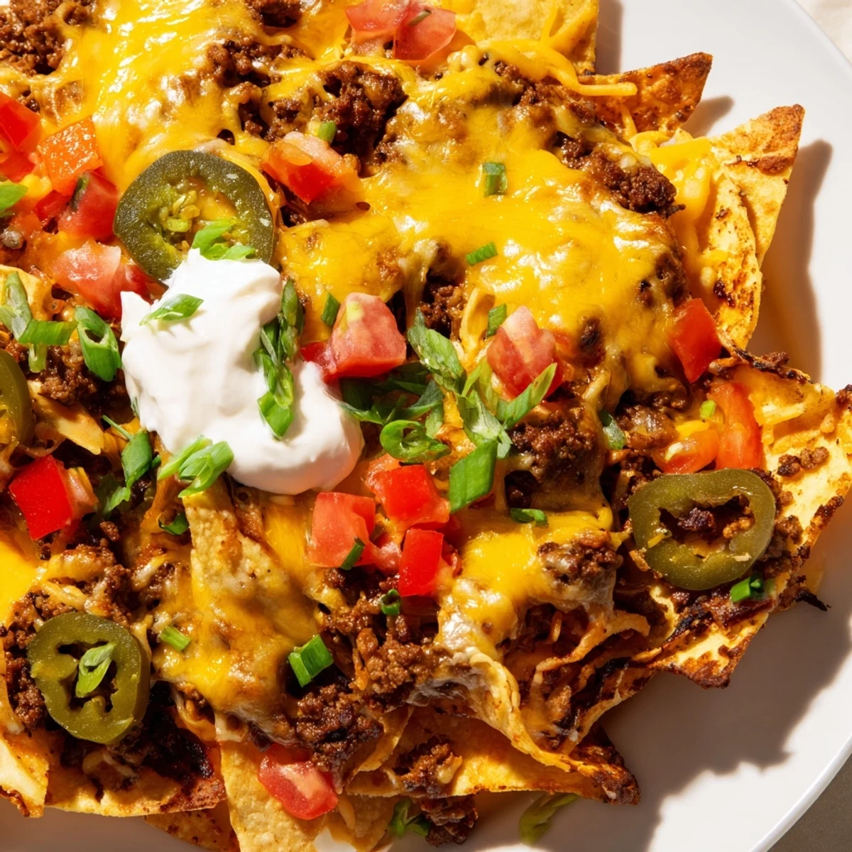 A close-up of freshly baked Beef Nachos with Jalapenos and Cheese, garnished with diced tomatoes, fresh cilantro, and spring onions alongside a dollop of sour cream.