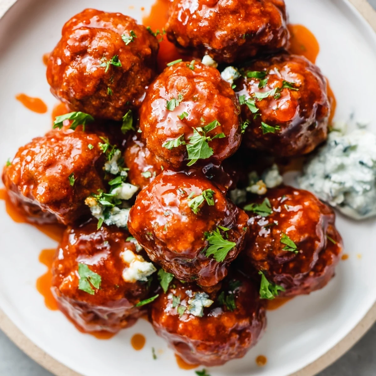 Golden-baked Touchdown Buffalo Chicken Meatballs glisten with spicy orange sauce, ready to serve at a game day party.
