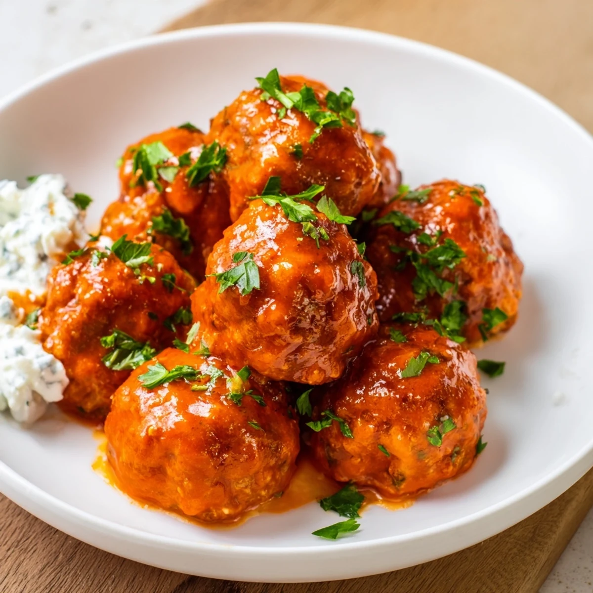 Fork-ready Touchdown Buffalo Chicken Meatballs on a platter with blue cheese dip and fresh parsley garnish.