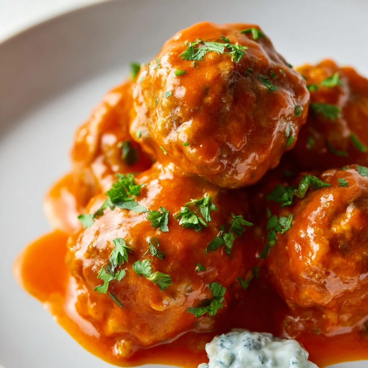 Piping hot Touchdown Buffalo Chicken Meatballs coated in tangy buffalo sauce, arranged on a tray for snacking.