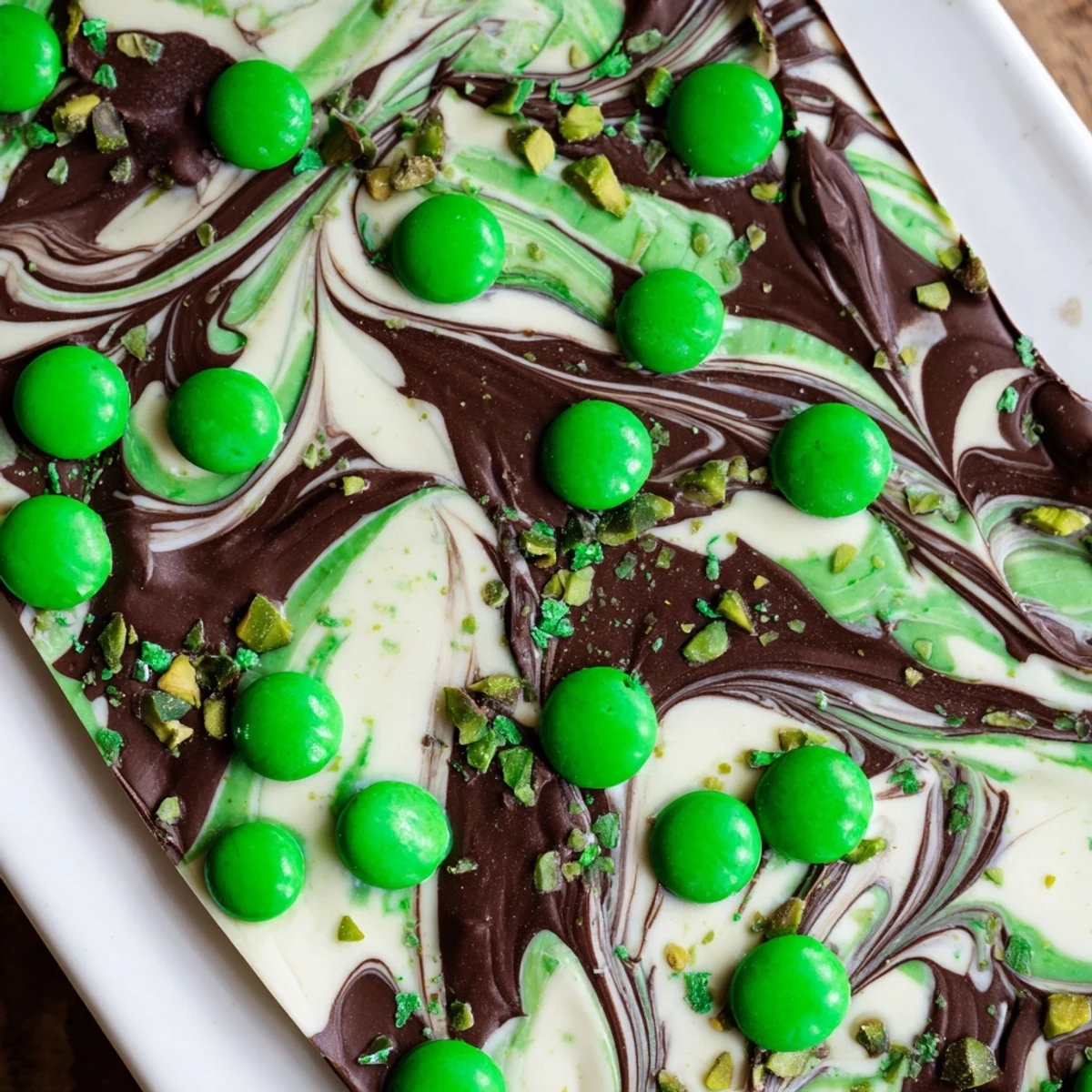 The finished St. Patricks Day Mint Chocolate Bark shows a rectangular piece broken off, revealing layers of rich dark and smooth white chocolate. The surface is generously scattered with green candy-coated chocolates, green sprinkles, and chopped pistachios, creating a festive and crunchy texture against the creamy background.