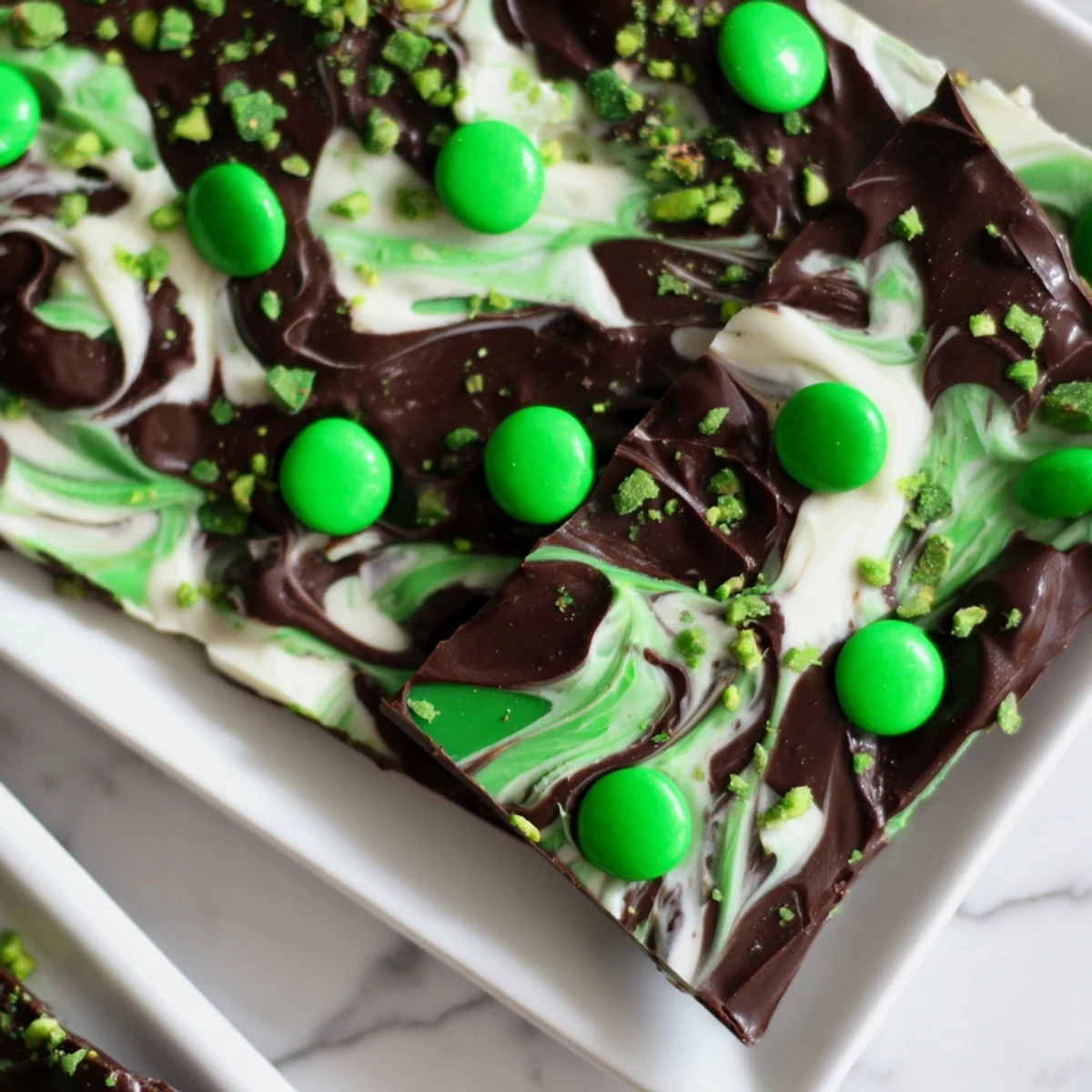 A close-up view focuses on the marbled texture where dark and white chocolate layers meet in the St. Patricks Day Mint Chocolate Bark. The glossy sheen of the chocolate highlights the peppermint-infused swirls and the vibrant green toppings, emphasizing the treat's sweet and cool flavor profile.
