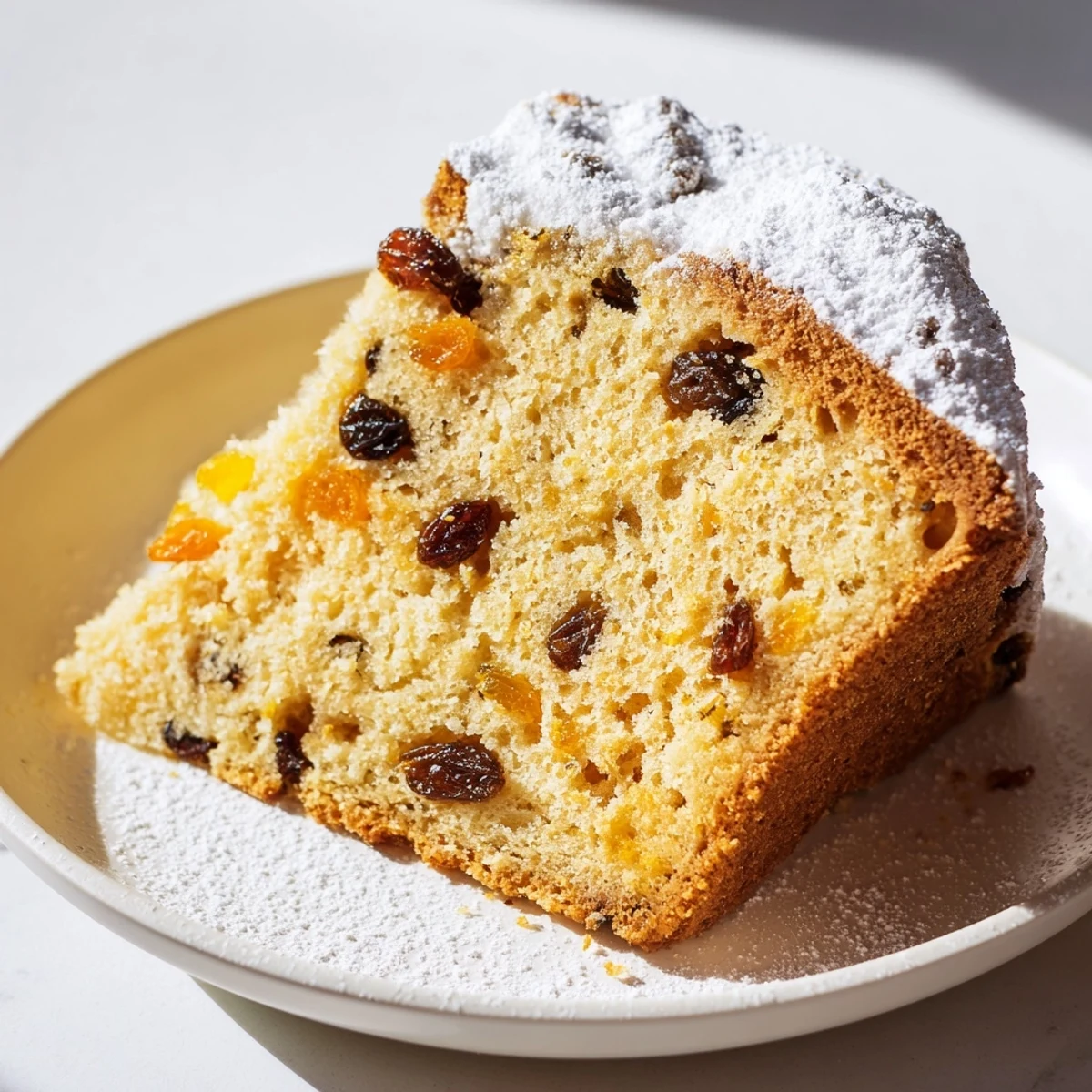 Freshly baked Irish Tea Cake with raisins, dusted with powdered sugar on a wooden board.