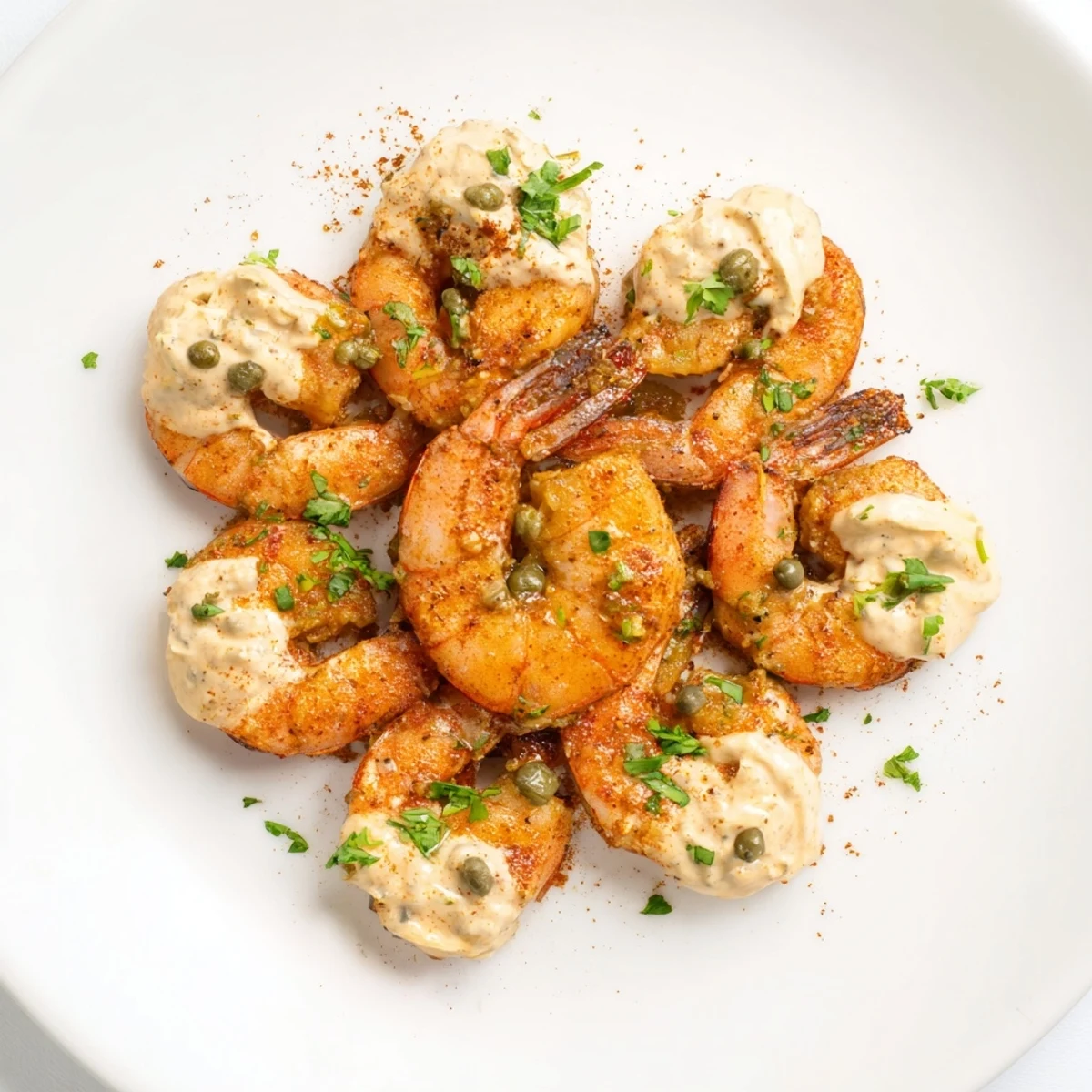 Golden-brown sautéed shrimp garnished with parsley, served alongside a bowl of creamy Cajun Remoulade Sauce for dipping.