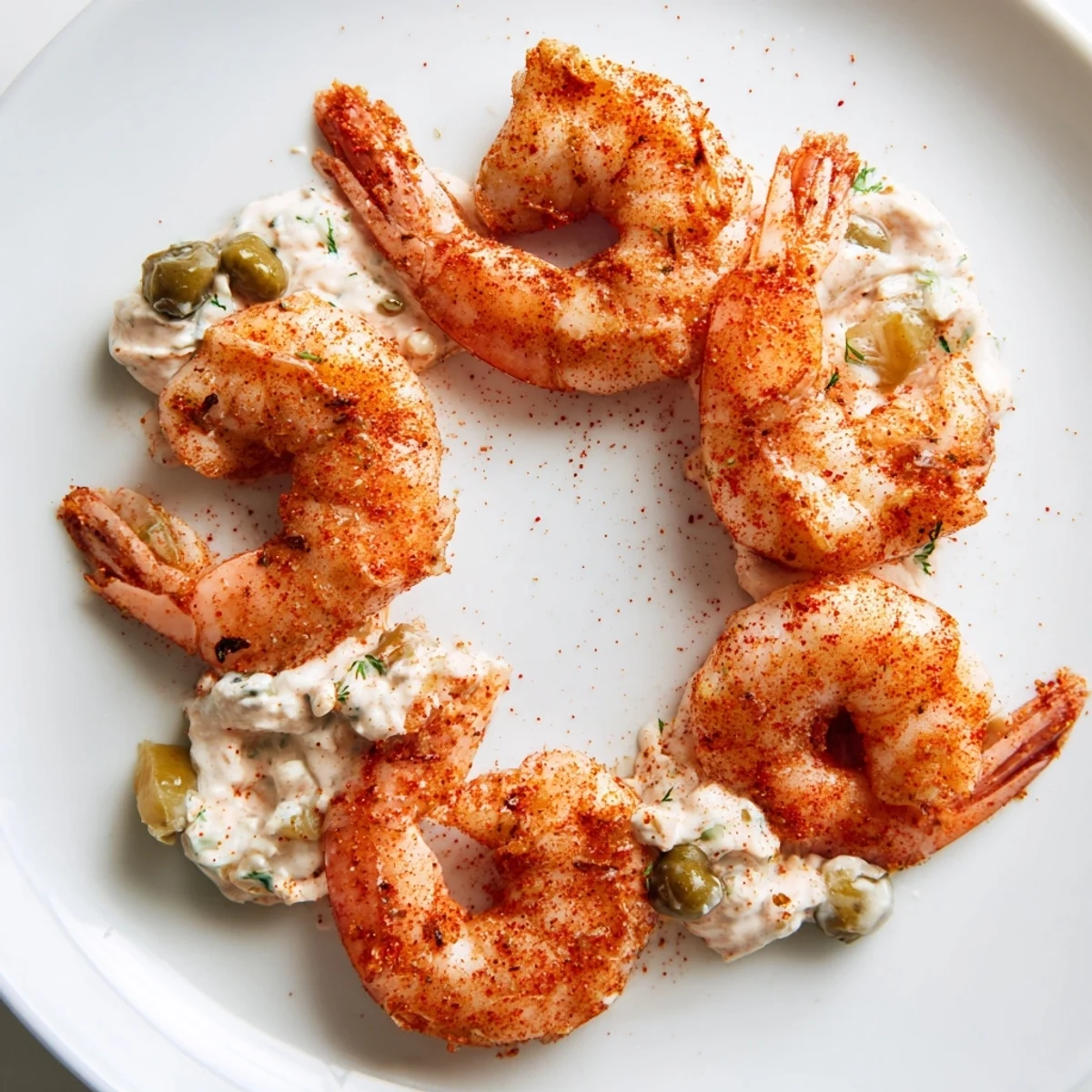 Spicy grilled shrimp topped with a bold Cajun Remoulade Sauce and a wedge of lemon on a rustic plate.