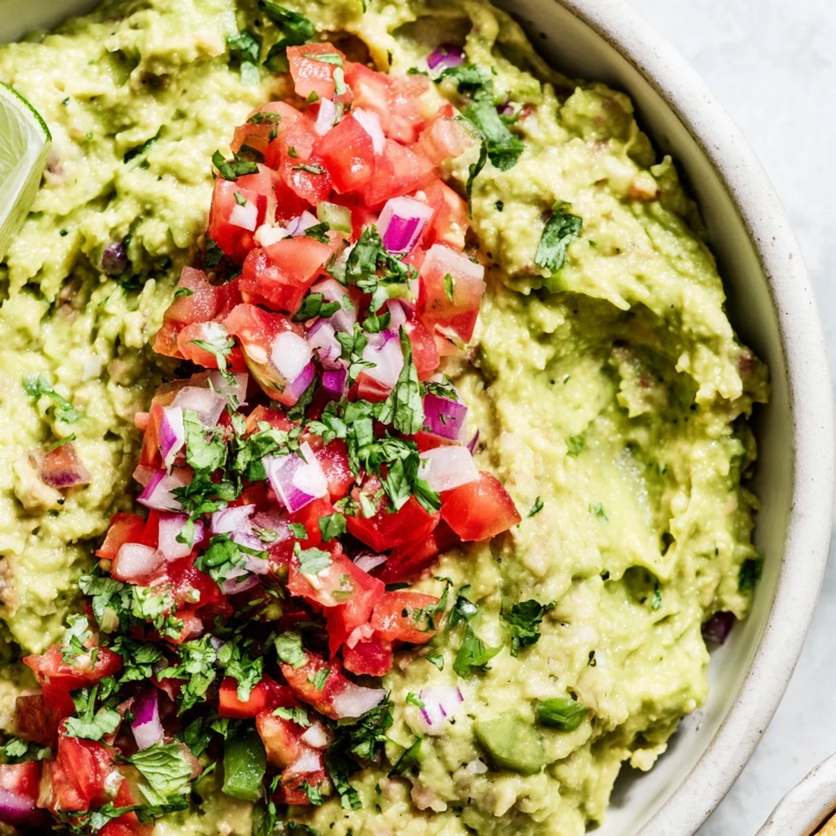 Fresh, chunky Super Bowl Guacamole with zesty salsa on top, surrounded by crispy tortilla chips for dipping.