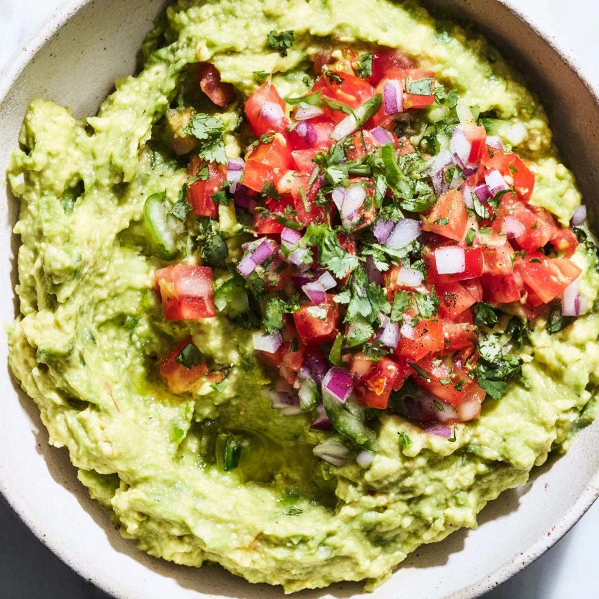 Creamy Super Bowl Guacamole crowned with vibrant red salsa, served alongside crunchy vegetable sticks for a lighter option.