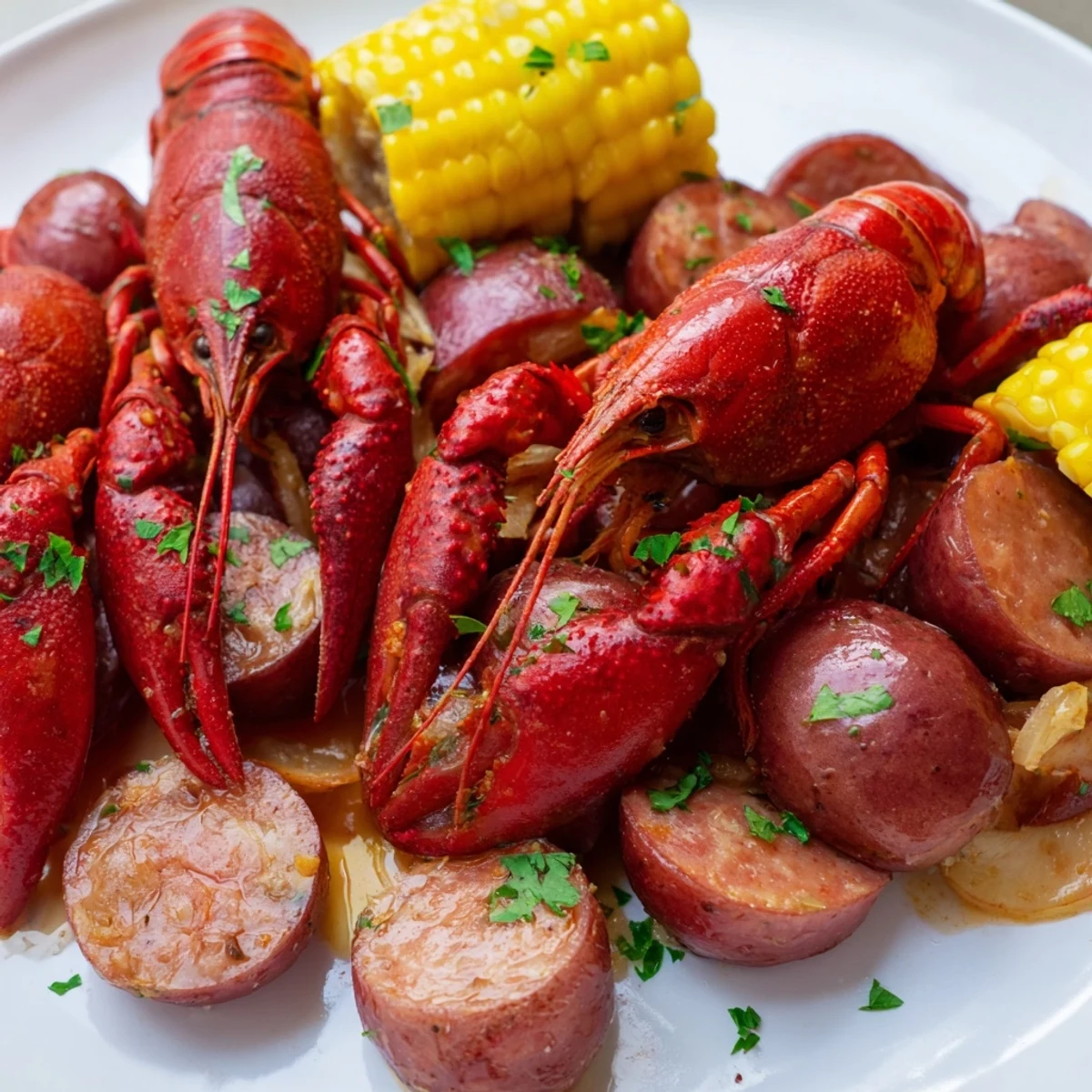 Louisiana Style Crawfish Boil with red potatoes, golden corn, and Andouille sausage seasoned with bold Cajun spices.