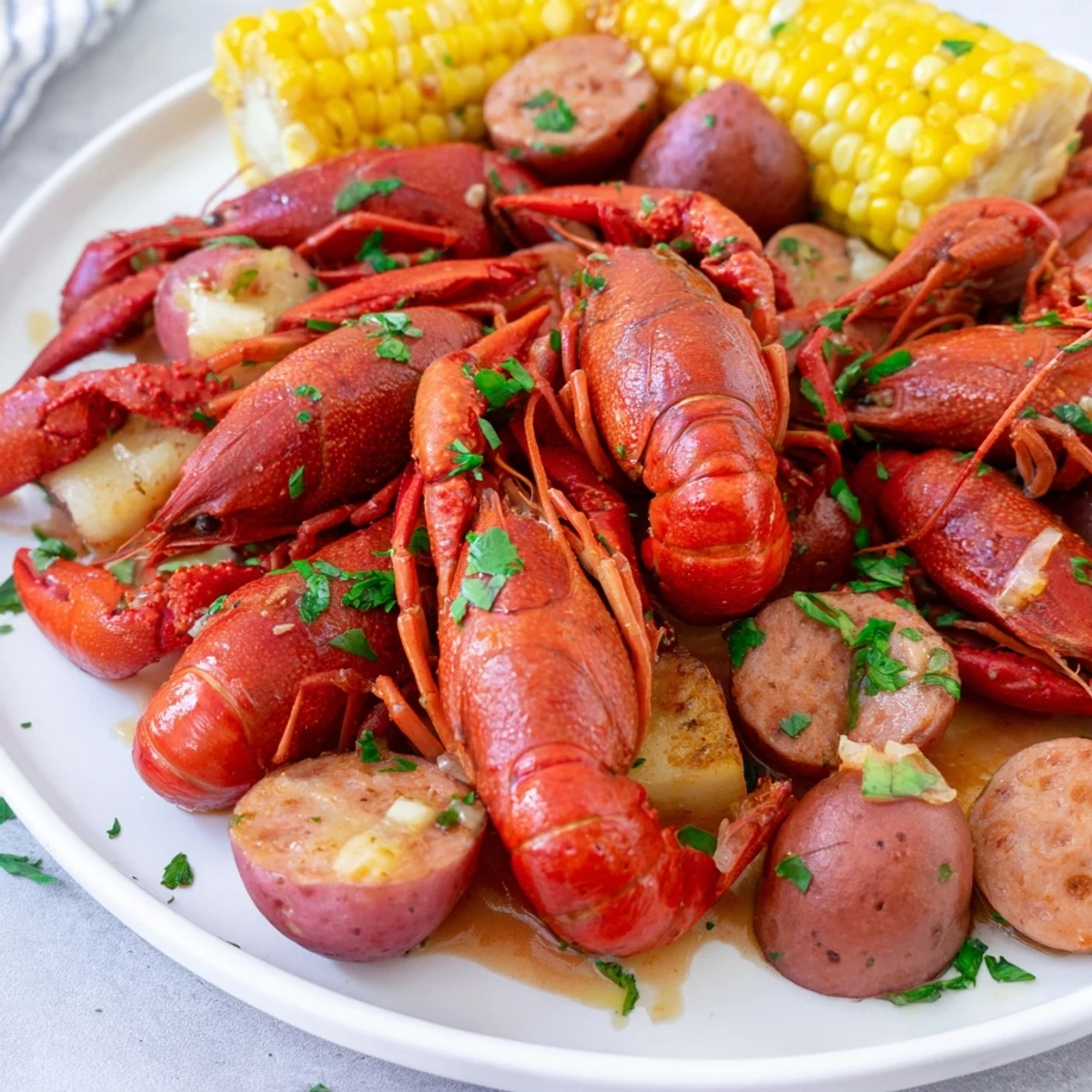 Freshly boiled Louisiana Style Crawfish Boil garnished with parsley and lemon, served hot on a rustic table.