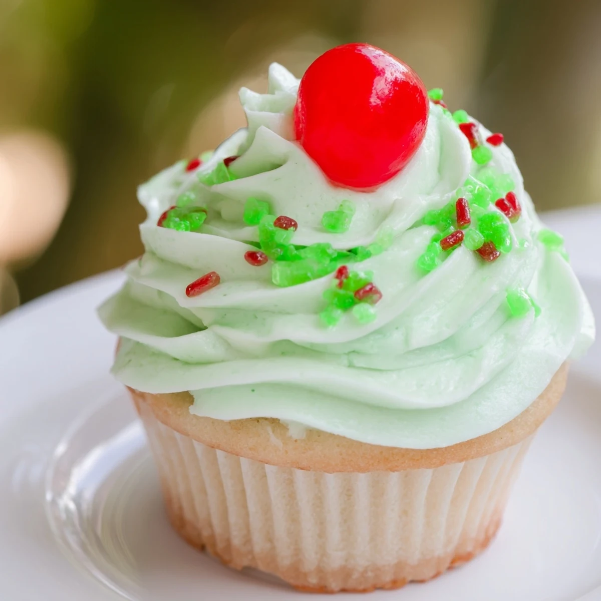 Easy homemade Shamrock Shake Cupakes displayed with piped frosting and green sugar for St. Patrick's Day.