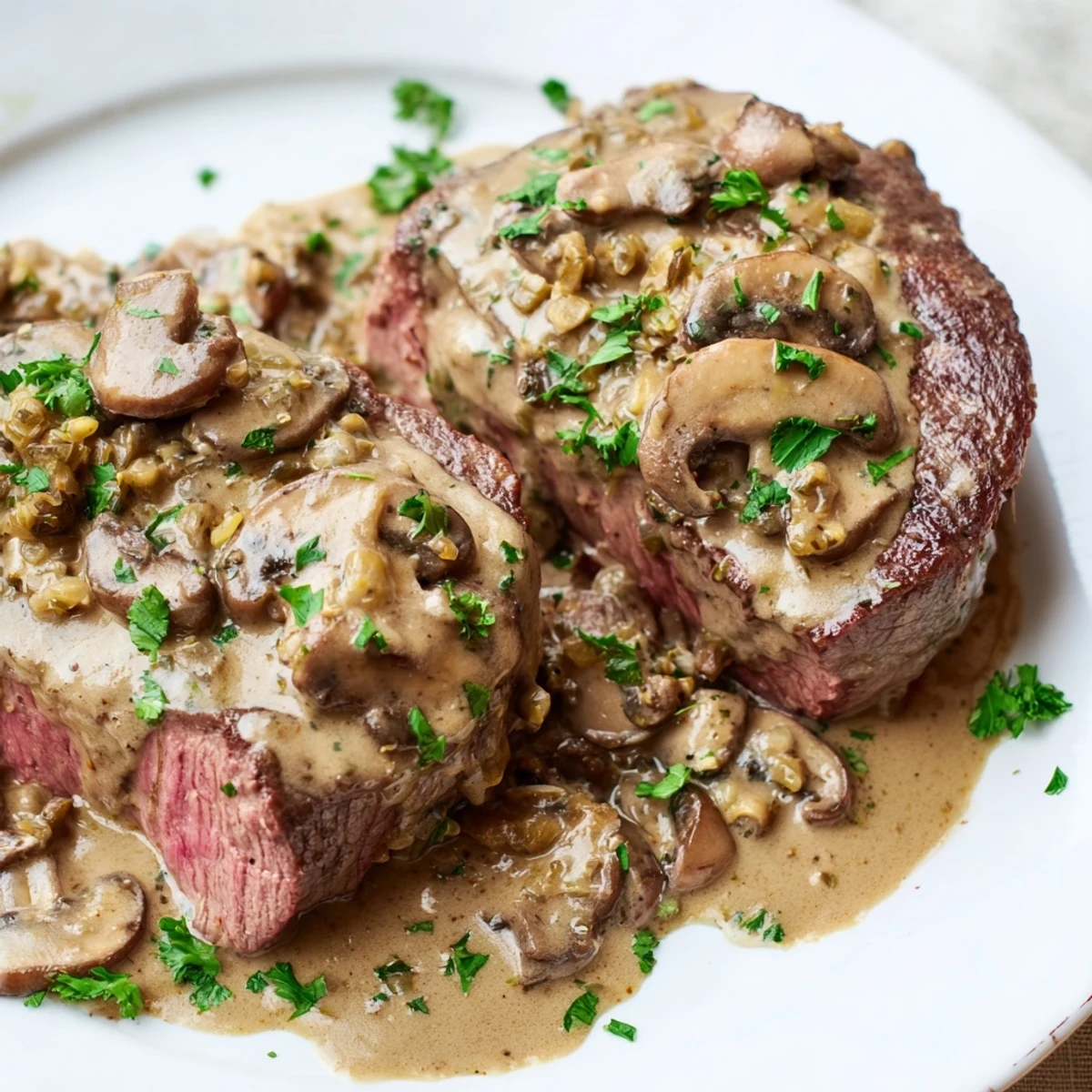 Golden-brown beef medallions covered in creamy mushroom Diane sauce, garnished with fresh parsley, served with roasted potatoes.