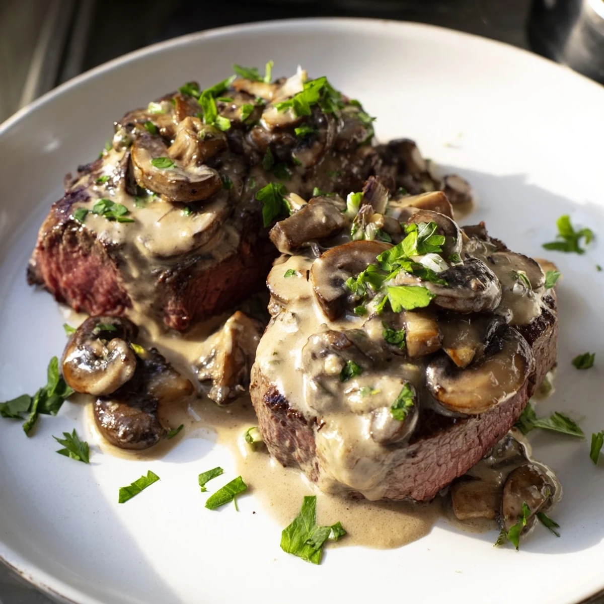 Tender steak medallions sizzling in brandy flambé pan sauce with sautéed mushrooms and fresh herbs on display.