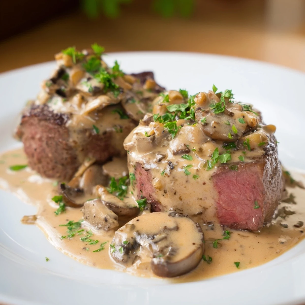 Date Night Steak Diane plated elegantly with rich brown mushroom sauce, fresh parsley, and a glass of red wine.