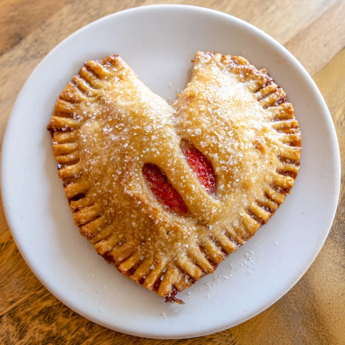 A close-up of a Sweetheart Strawberry Hand Pie revealing a vibrant, bubbling strawberry filling on a rustic plate.