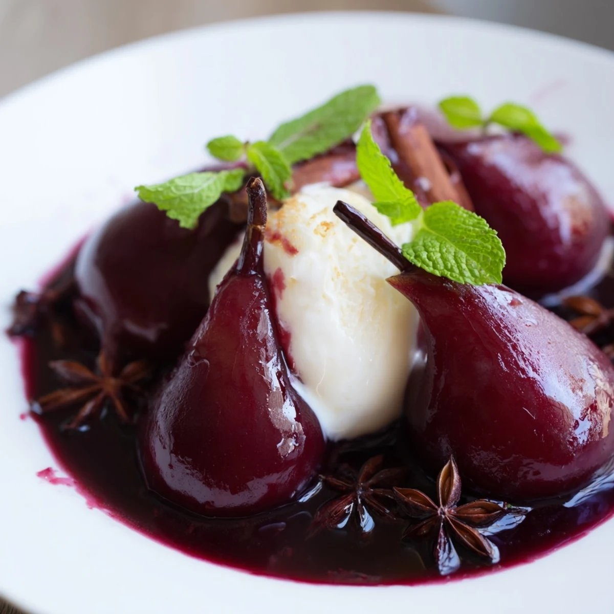 Tender Bosc pear halves simmering in a spiced red grape syrup with cinnamon and star anise.