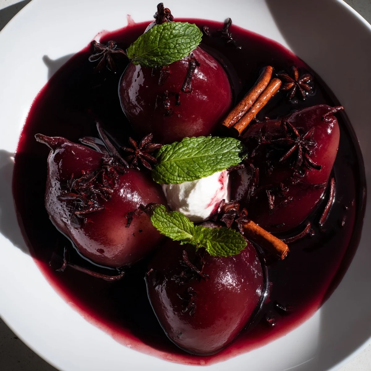 Glistening Romantic Poached Pears in Grape Juice drizzled with warm syrup, garnished with fresh mint.