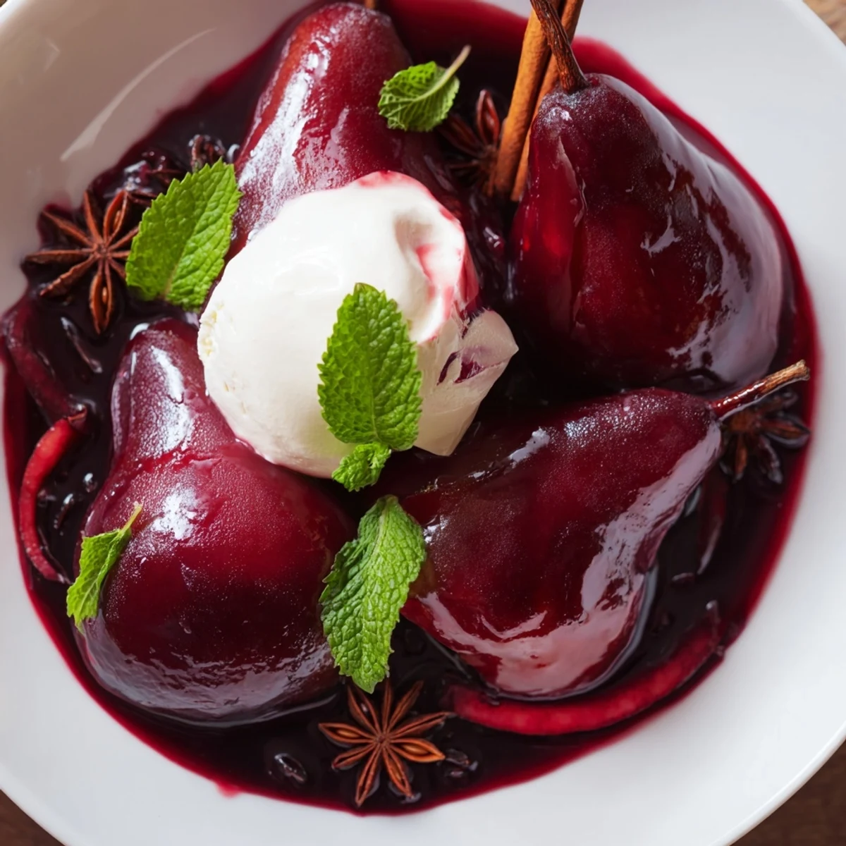 Warm Romantic Poached Pears in Grape Juice served with vanilla ice cream and a mint leaf.