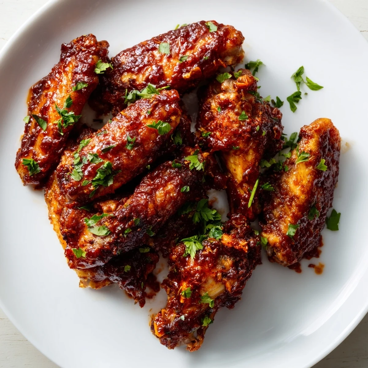 A close-up of the Big Game Wing Platter with BBQ Sauce, glazed wings glistening beside crisp celery and carrot sticks.