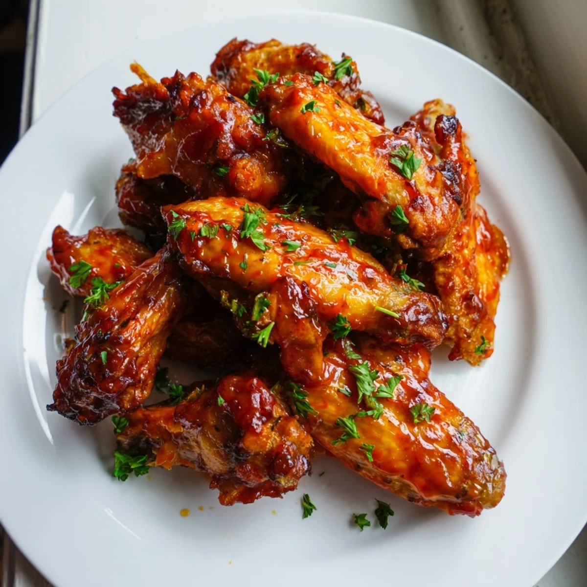 Family-style Big Game Wing Platter with BBQ Sauce, piled high and garnished with fresh parsley, ready for game day snacking.