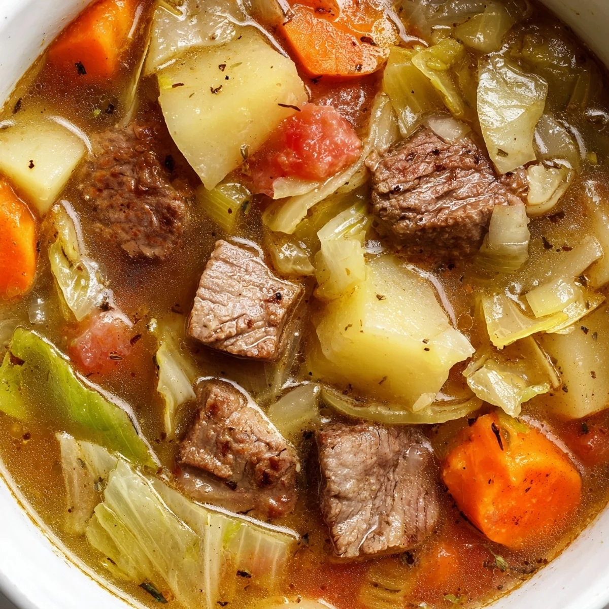 Steaming bowl of St. Patricks Day Cabbage and Beef Soup, packed with tender beef chunks, potatoes, and carrots.