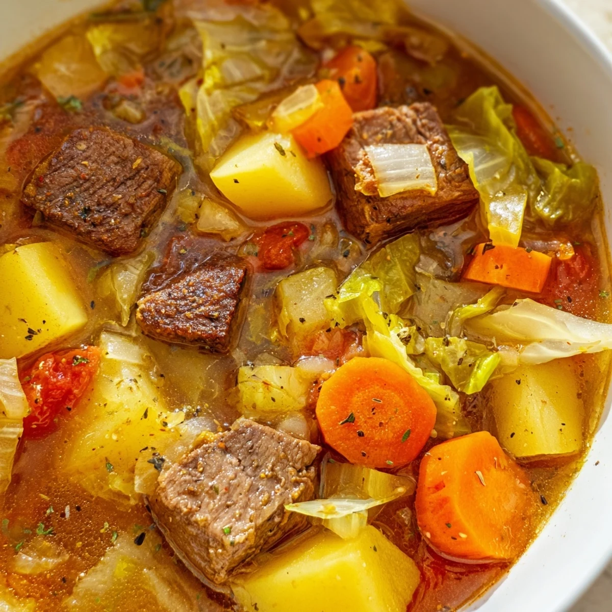Rustic pot of St. Patricks Day Cabbage and Beef Soup served with crusty bread for a hearty Irish meal.
