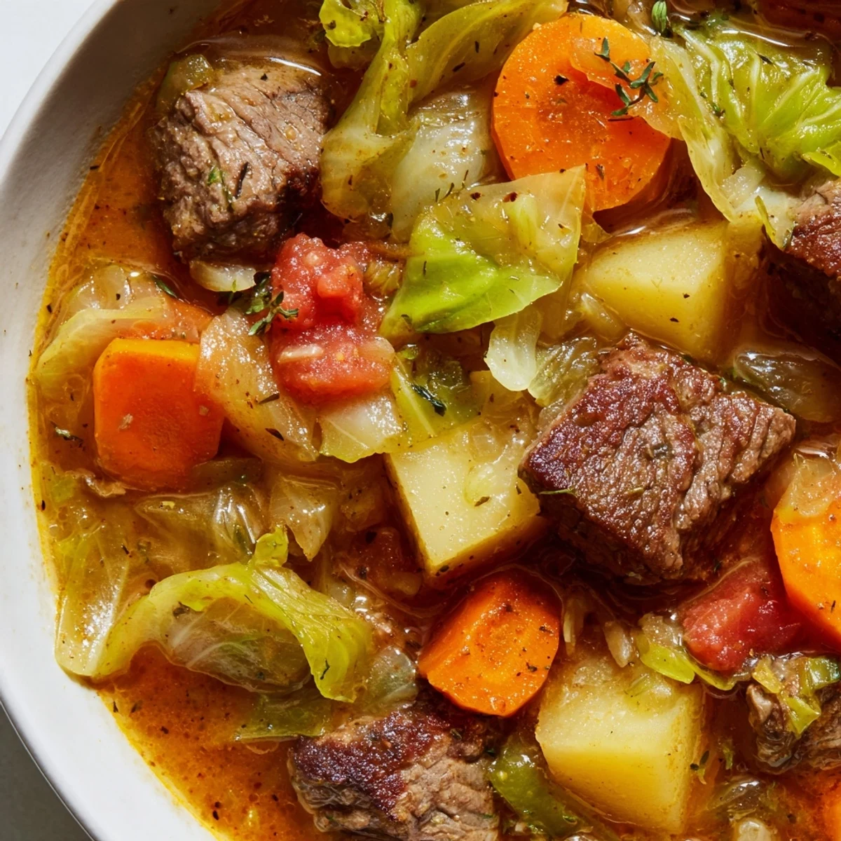 Close-up of St. Patricks Day Cabbage and Beef Soup revealing chunks of beef, cabbage, and carrots in broth.