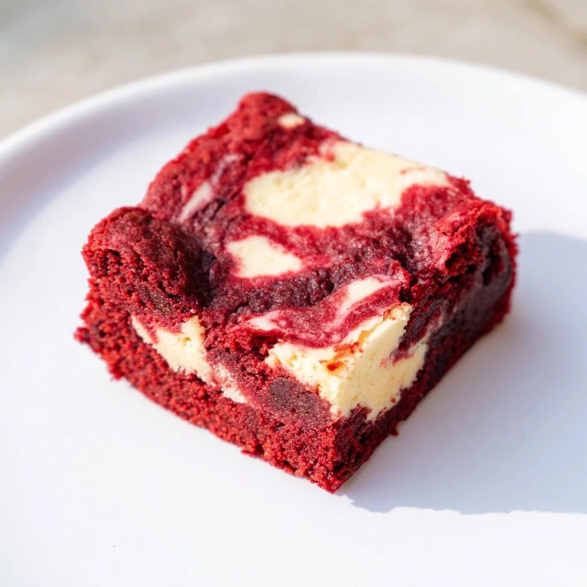 Thick squares of Red Velvet Brownies with Cheesecake Swirl plated with cream cheese frosting swirl.