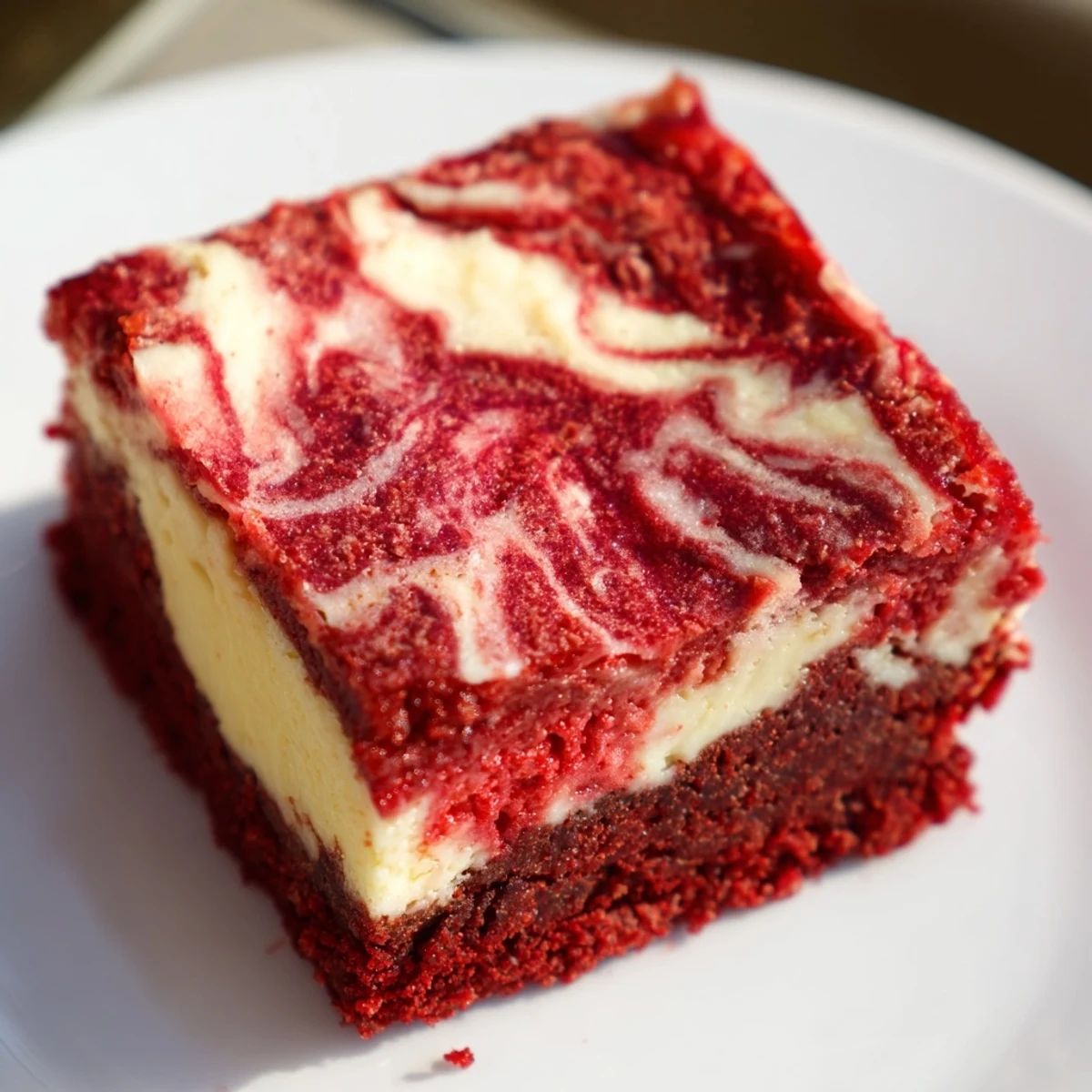 Close-up of fudgy Red Velvet Brownies with Cheesecake Swirl showing a rich, marbled interior.