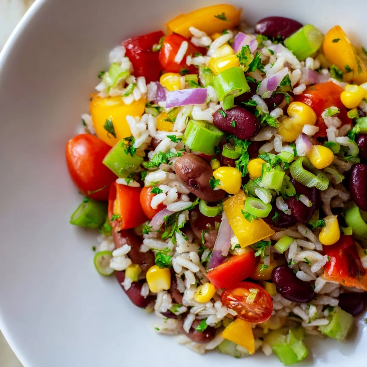 Steaming Mardi Gras Veggie Rice Bowl topped with green onions and parsley.