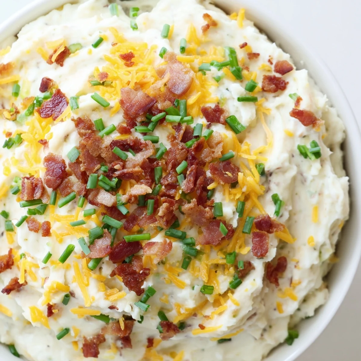 A hearty bowl of Super Bowl Loaded Baked Potato Dip featuring sour cream, cheddar, and crispy bacon for easy snacking.