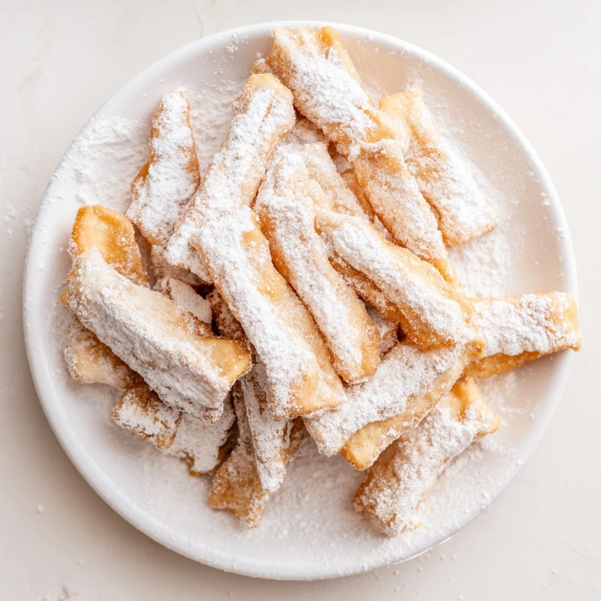 Freshly fried dough strips dusted with sweet powdered sugar for a crunchy bite.