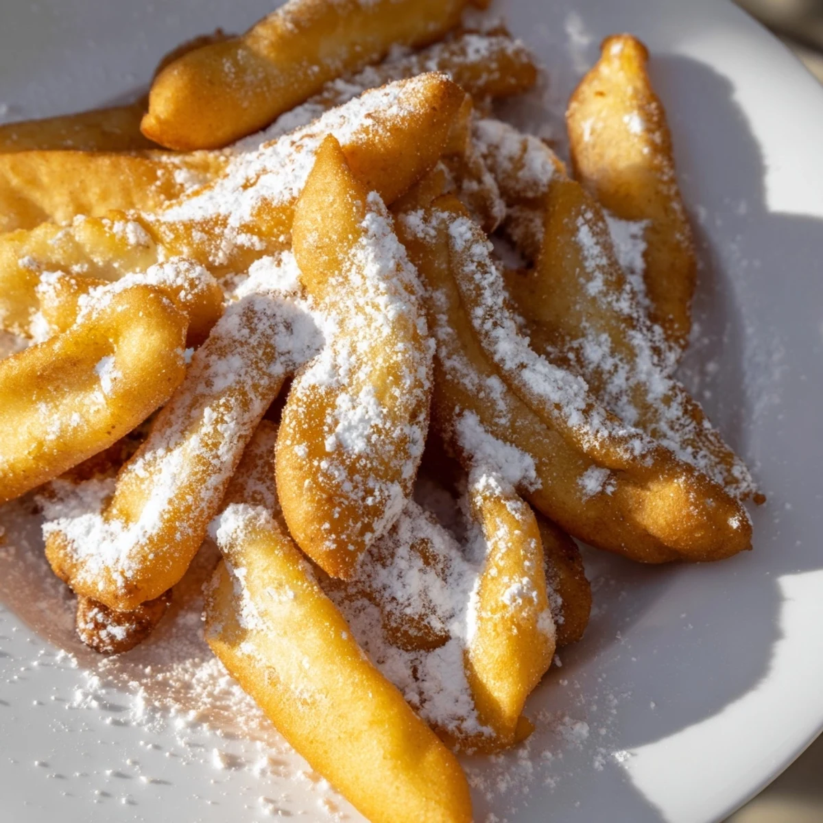 Golden brown New Orleans Beignet Fries with powdered sugar piled high on a plate.