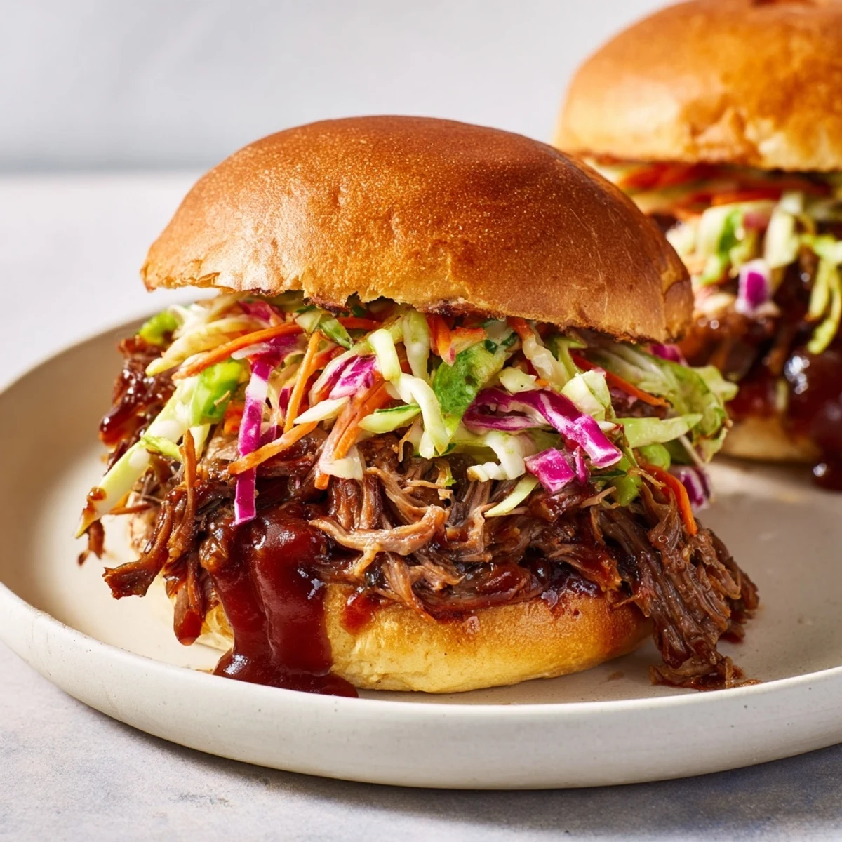 Golden sliders are topped with crunchy slaw and extra barbecue sauce on a serving platter.