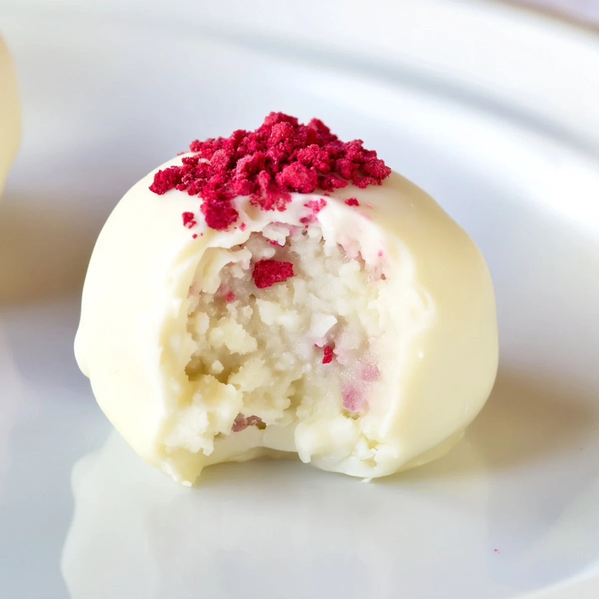 Velvety White Chocolate Raspberry Truffles, dipped in glossy white chocolate and dusted with bright crushed freeze-dried raspberries.