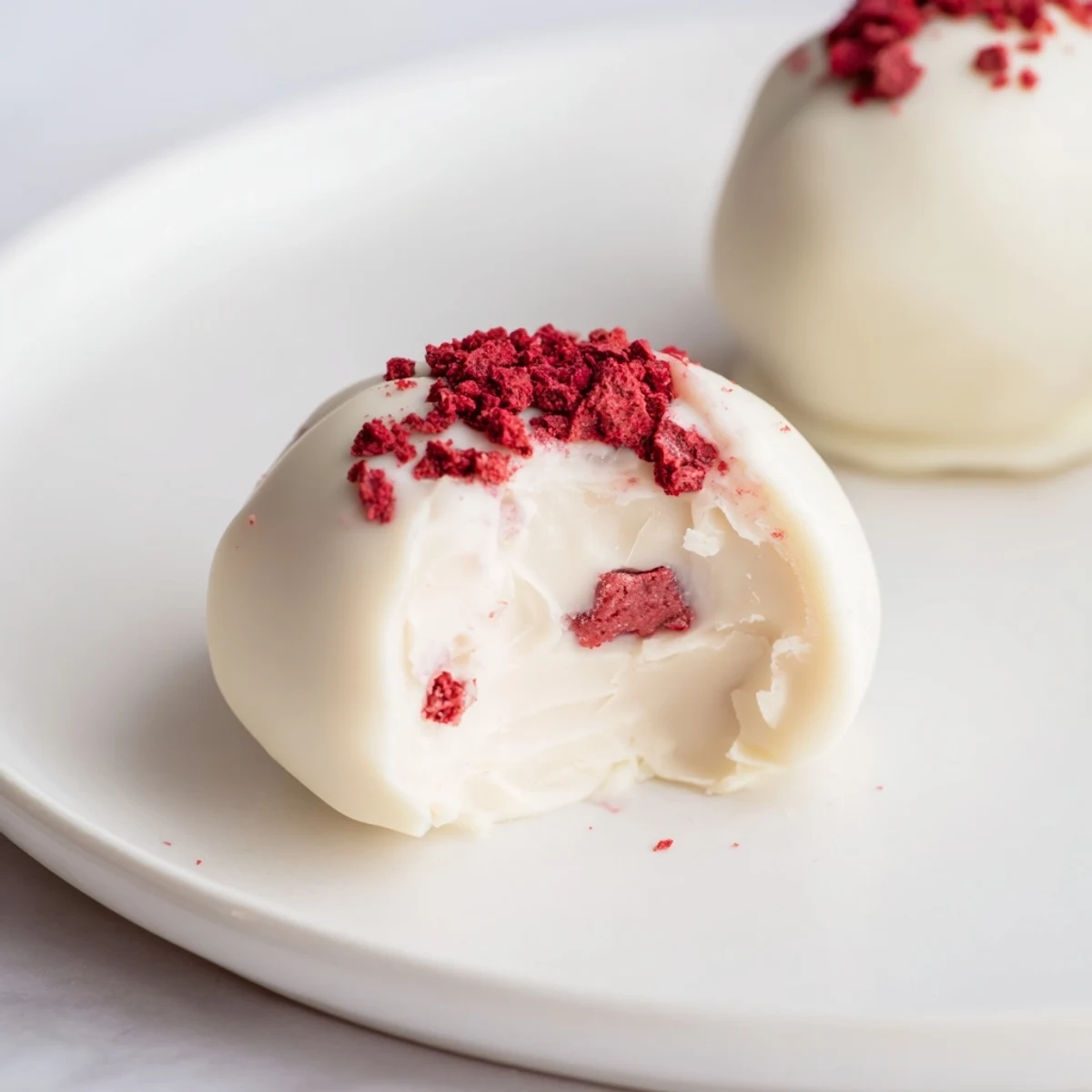 Homemade White Chocolate Raspberry Truffles, elegantly presented on a platter, perfect for a sweet gift or party favor.