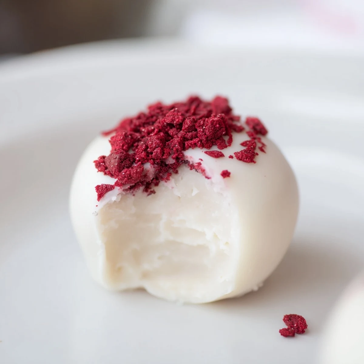 Freshly rolled White Chocolate Raspberry Truffles, showcasing a creamy white chocolate center and a vibrant swirl of raspberry sauce.