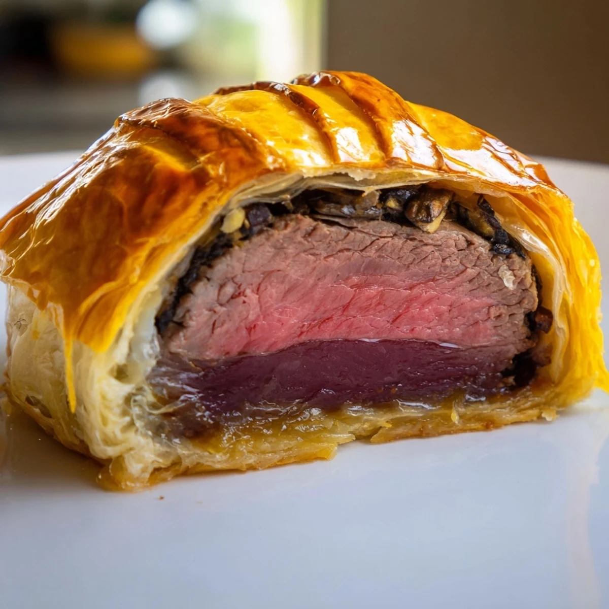 Golden-brown Mini Beef Wellingtons with flaky puff pastry, sliced to reveal tender beef fillet and rich mushroom paste.