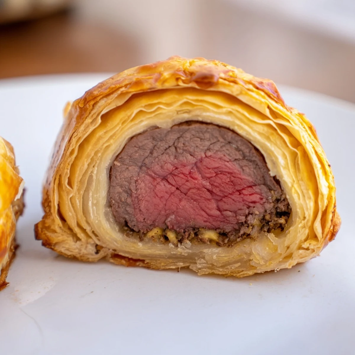 Freshly baked Mini Beef Wellingtons on a rustic board, showcasing golden pastry, herb flecks, and juicy beef centers.