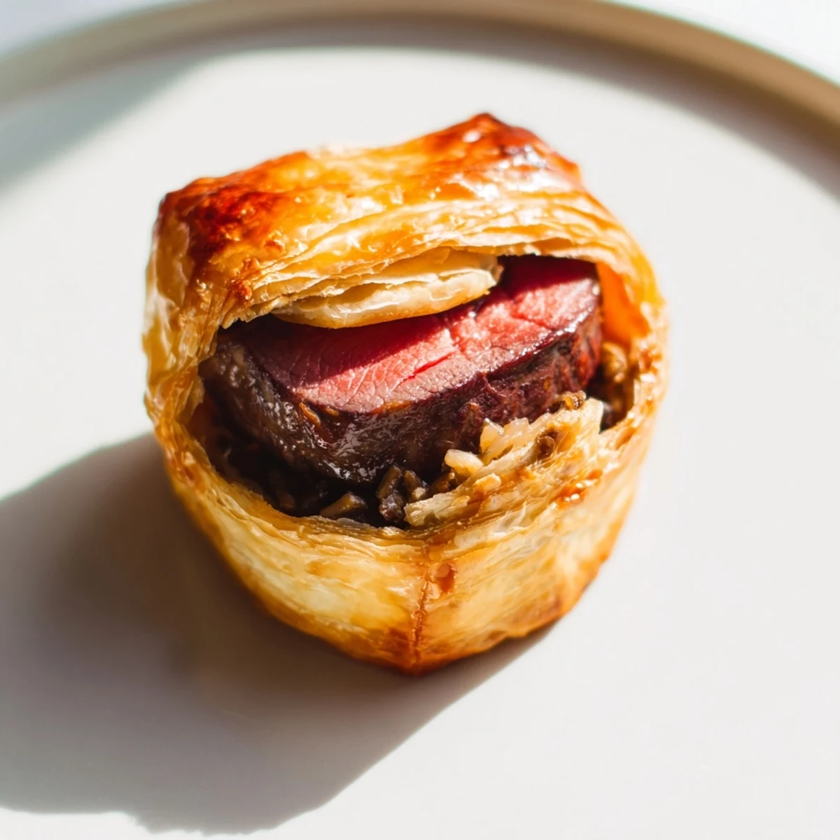 Appetizer platter of Mini Beef Wellingtons with mushroom paste, paired with red wine sauce and fresh thyme garnish.