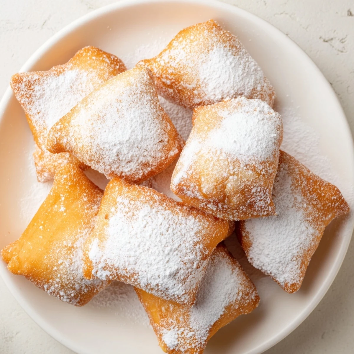 Golden squares of New Orleans style beignets, lightly dusted with powdered sugar, perfect for a sweet dessert treat.