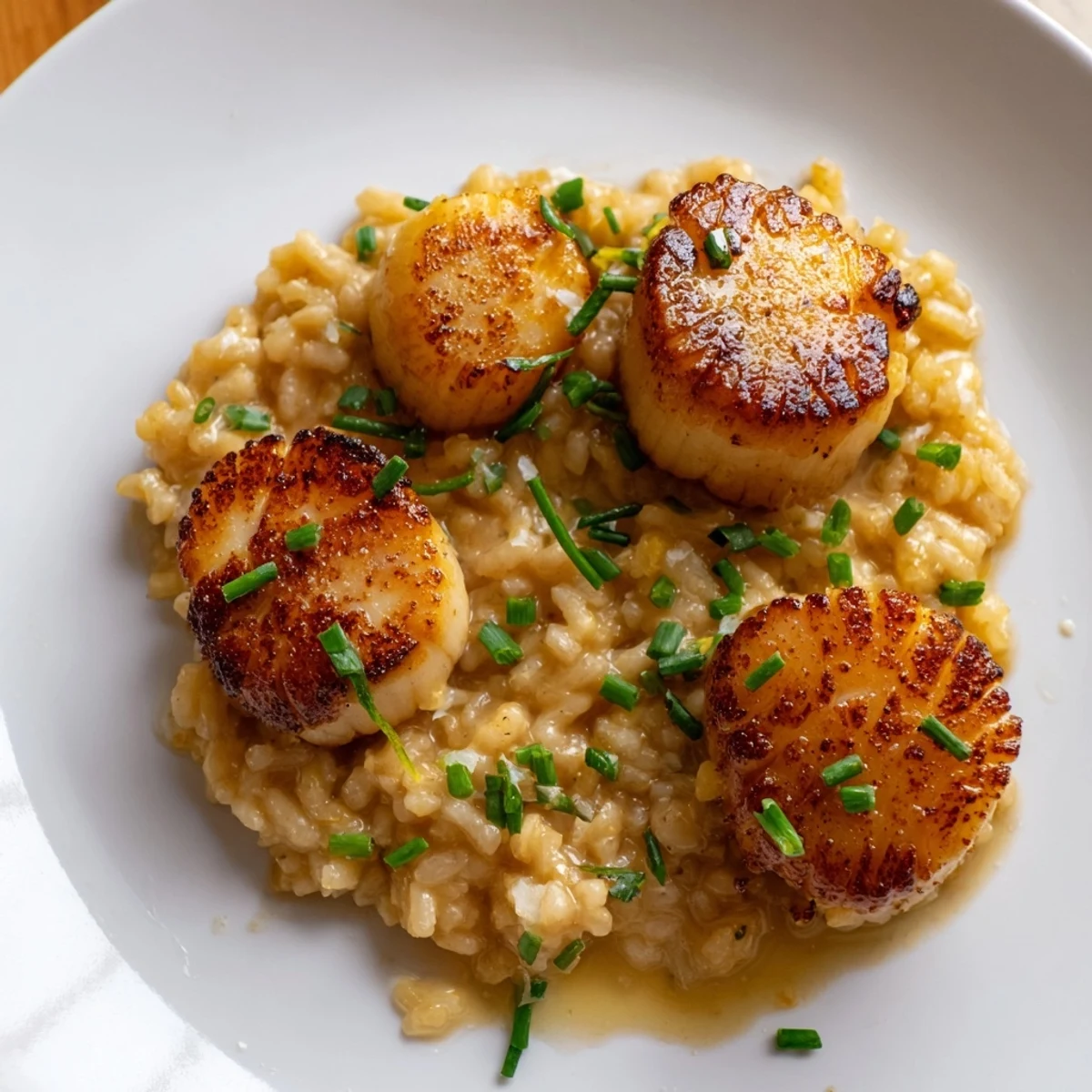 Golden-brown, seared scallops rest atop a creamy lemon butter risotto, garnished with fresh chives and lemon wedges.