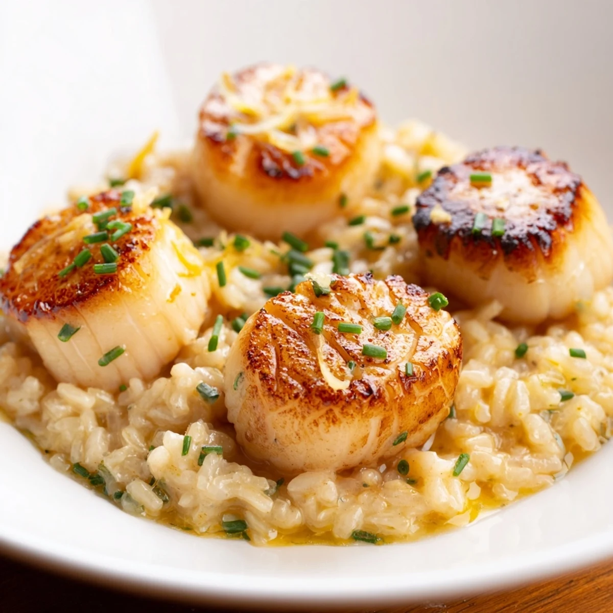 Perfectly seared scallops sit on a bed of creamy lemon butter risotto, garnished with fresh chives and lemon wedges.
