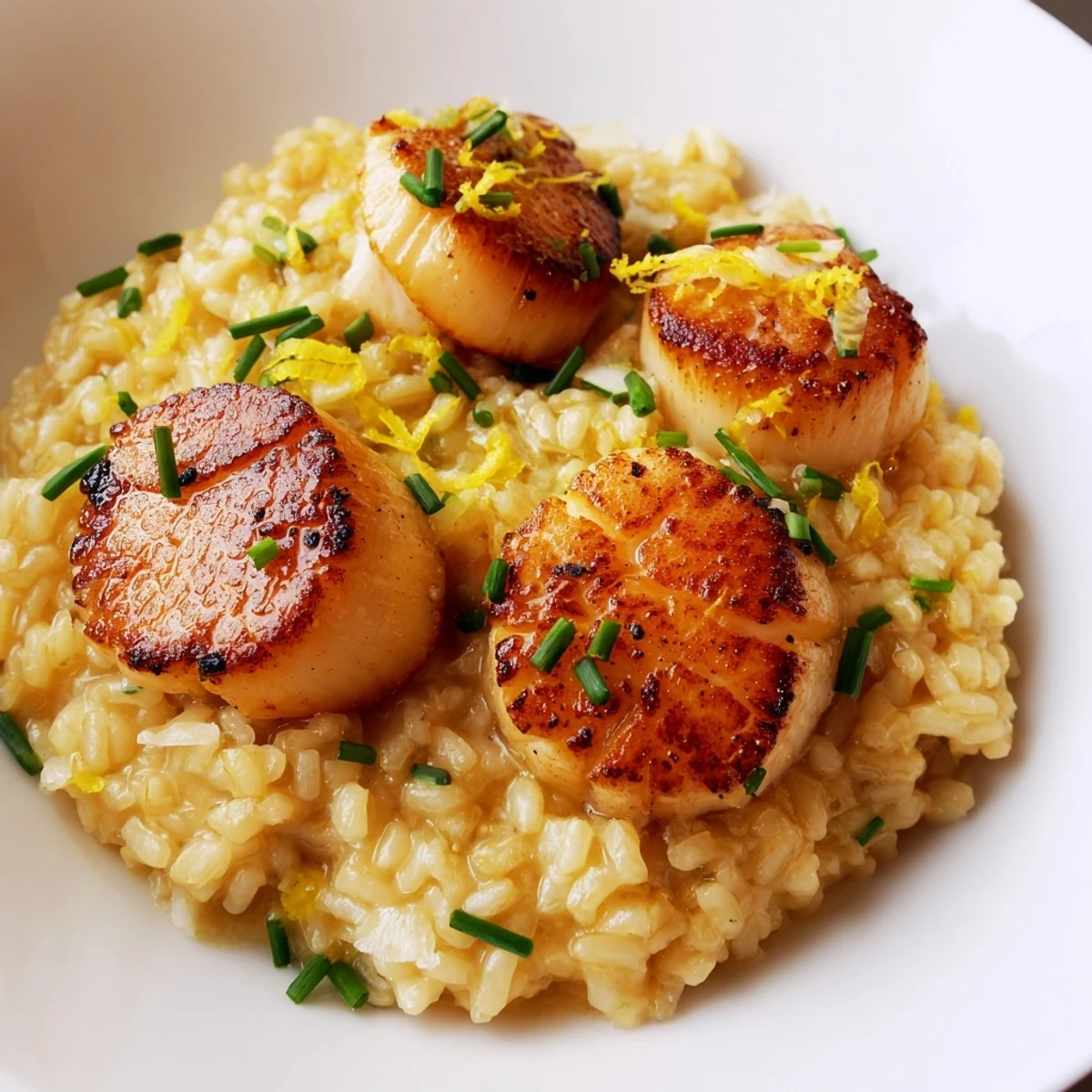Tender scallops with a golden crust are served over creamy lemon butter risotto, finished with fresh herbs and citrus.