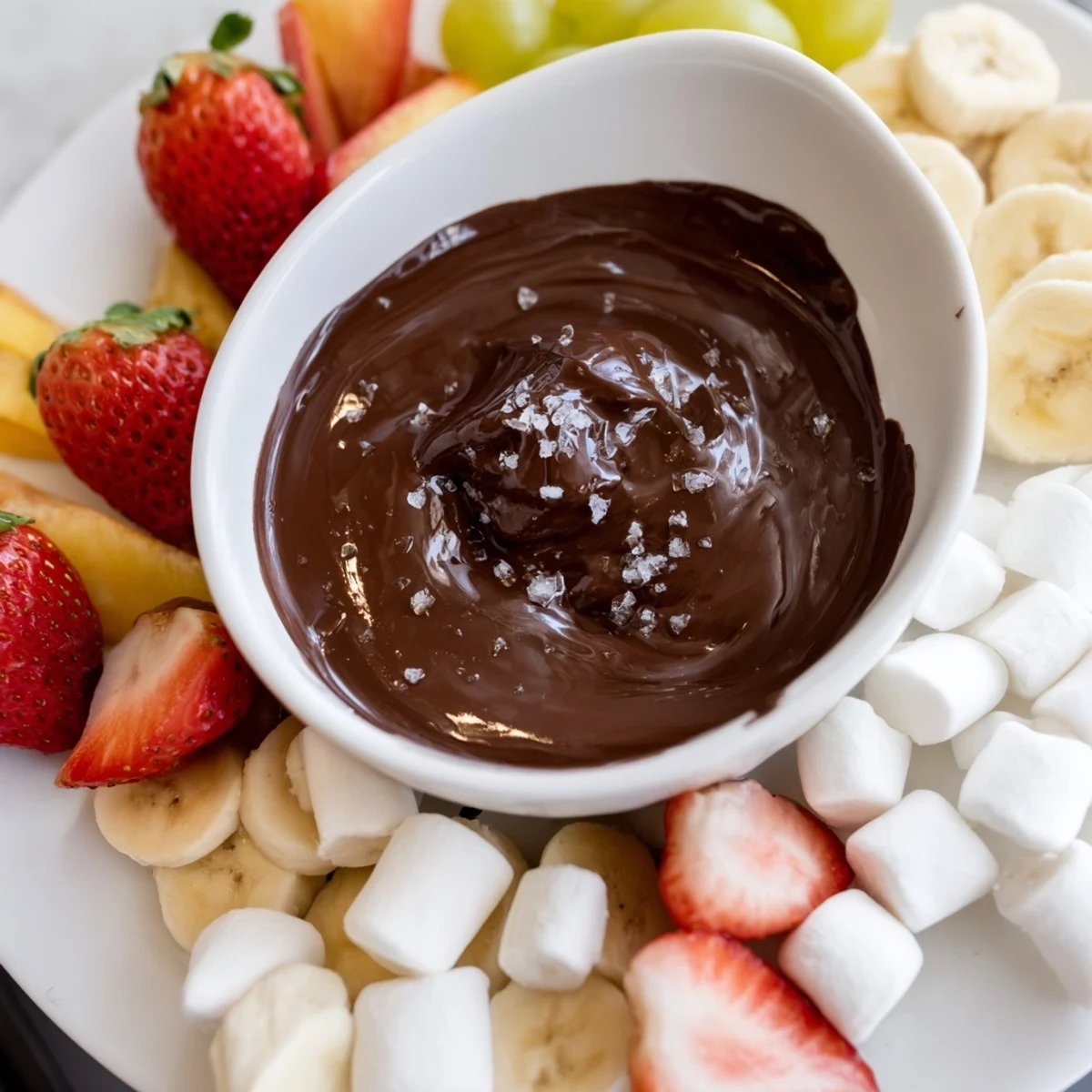 Smooth, silky chocolate fondue is poured into a pot beside platters of fruit and fluffy marshmallows.