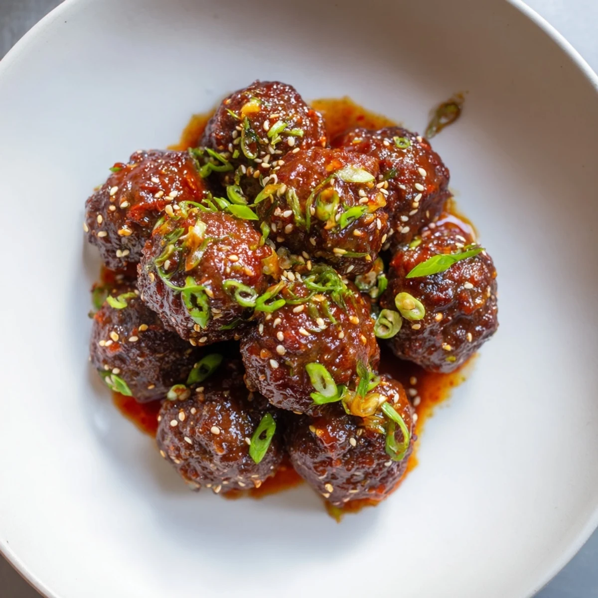 Golden-brown Spicy Sriracha Beef Meatballs coated in a glossy, tangy glaze and topped with toasted sesame seeds, served on a rustic platter.