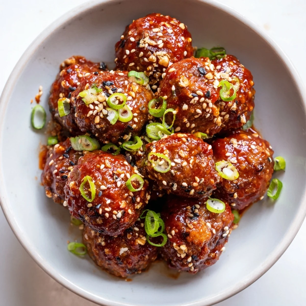Platter of juicy Sriracha beef meatballs garnished with fresh spring onions and sesame seeds, perfect served over steamed rice for dinner.