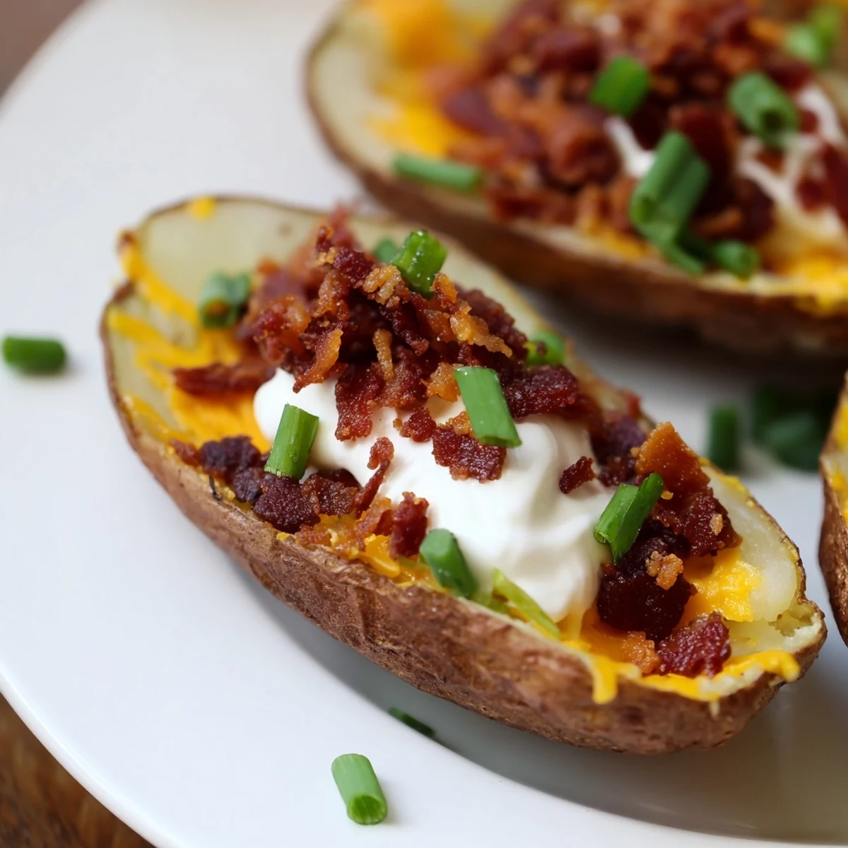 Golden-brown Loaded Potato Skins with Cheddar and Beef Bacon, topped with sour cream and fresh scallions on a platter.  